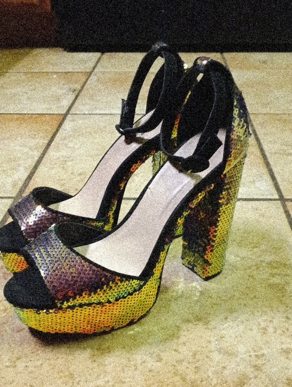 Qupid Multicolor Sequin Platform Sandals with Black Ankle Strap